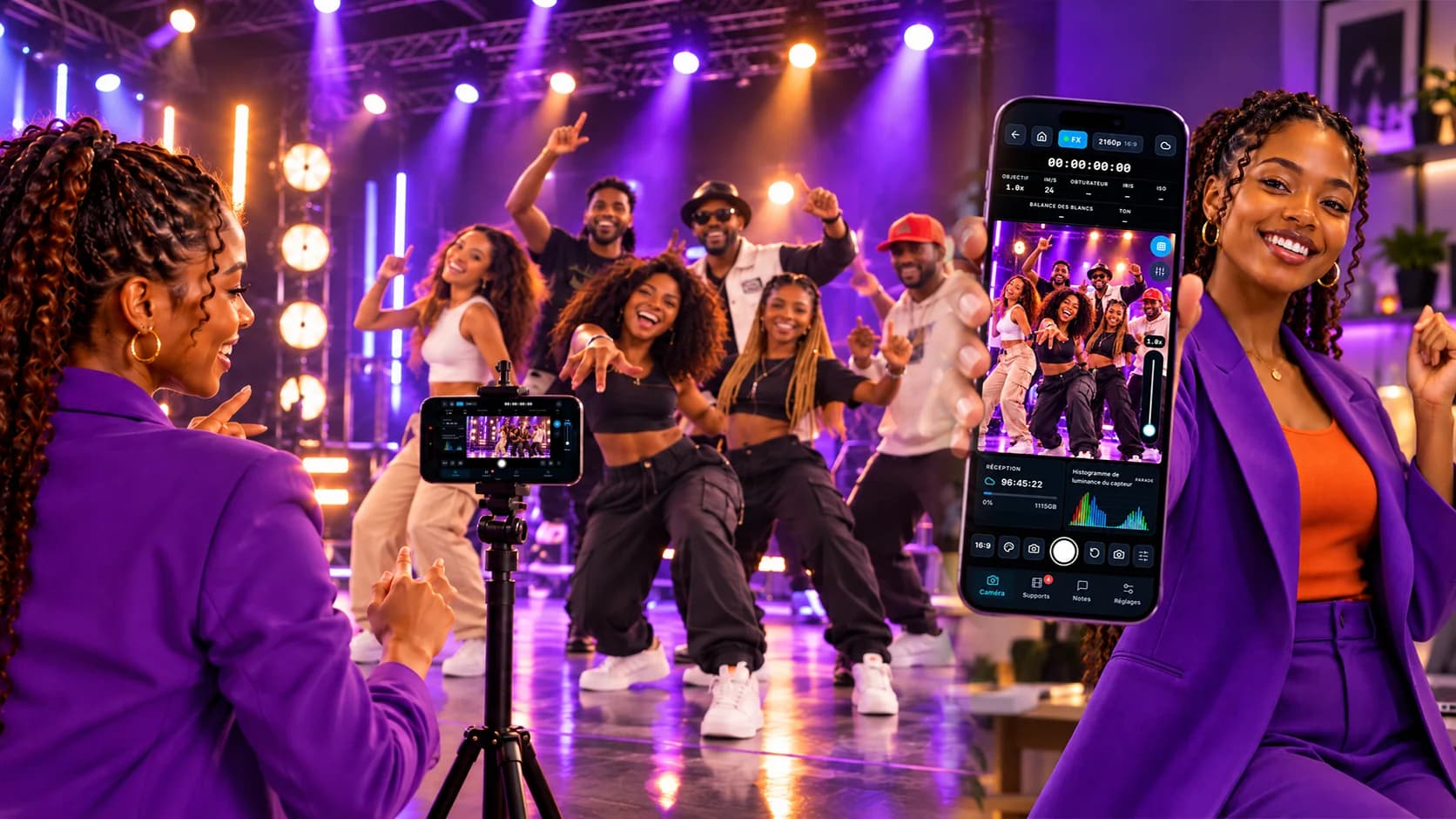 Tournage de danse avec Afshare Cam, sous des lumières violettes et dorées