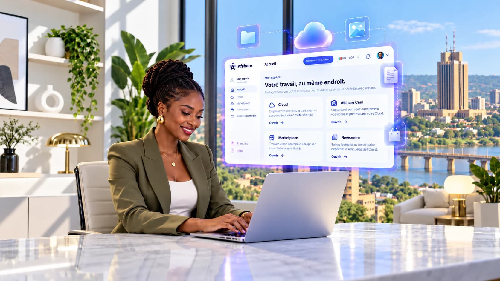 Une créatrice travaille sur ses contenus dans Afshare Cloud
