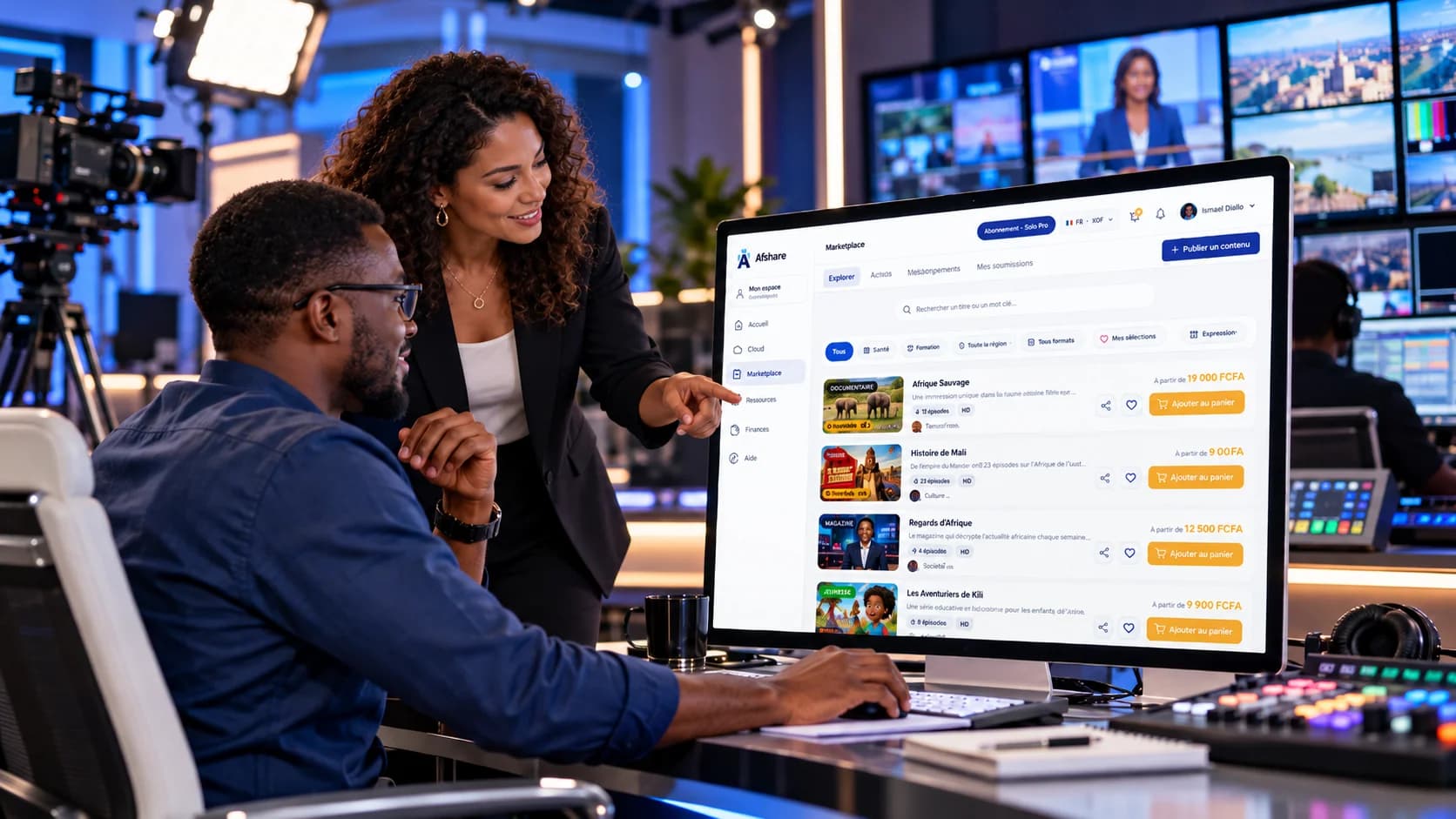 Des professionnels explorent Afshare Marketplace dans un studio de production